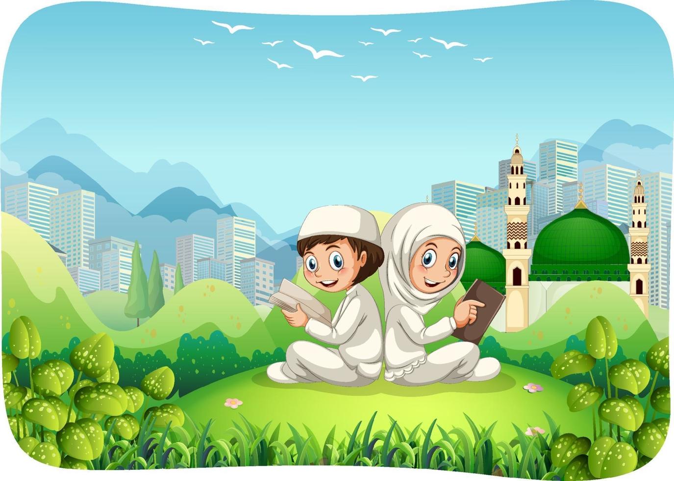 scène extérieure de parc avec le personnage de dessin animé de soeur et frère musulman vecteur