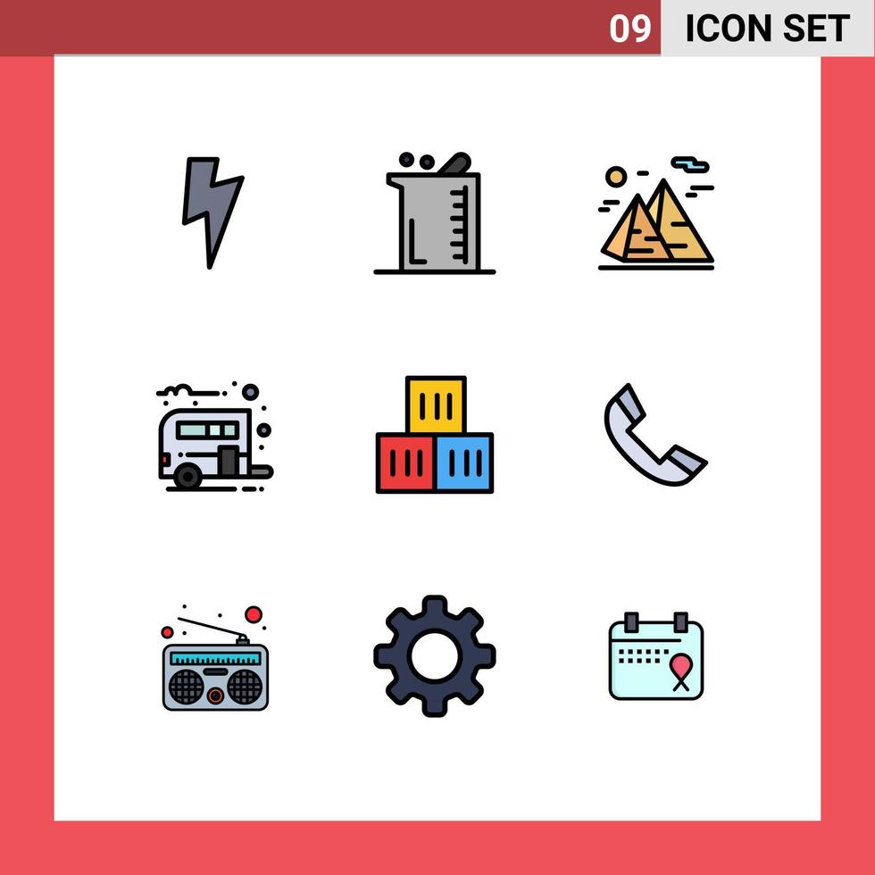 ensemble de 9 couleurs plates vectorielles remplies sur la grille pour les éléments de conception vectoriels modifiables de voyage de camping de montagne de caravane de boîte vecteur