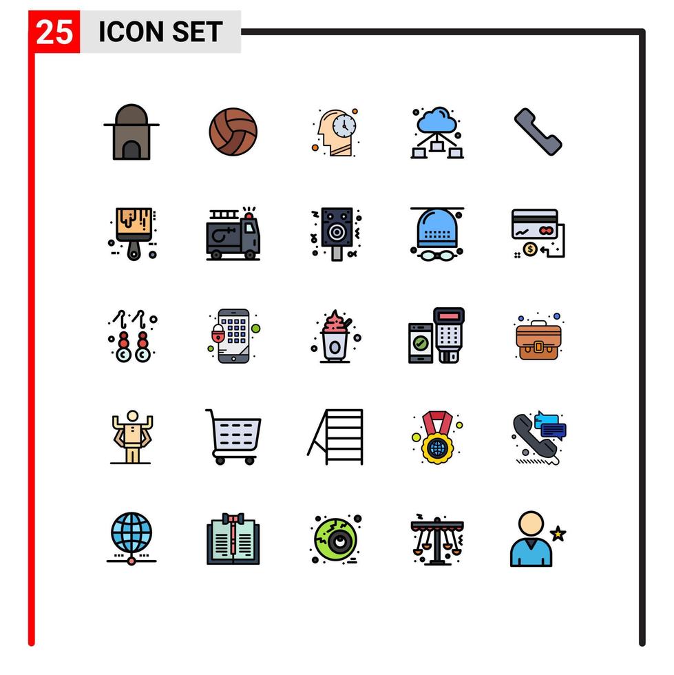 ensemble moderne de 25 pictogrammes de couleurs plates de lignes remplies d'éléments de conception vectoriels modifiables de réseau téléphonique humain d'appel de brosse vecteur
