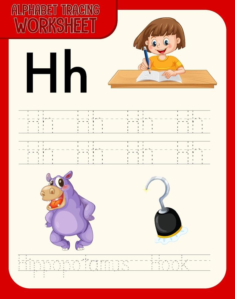 feuille de calcul de traçage alphabet avec lettre et vocabulaire vecteur
