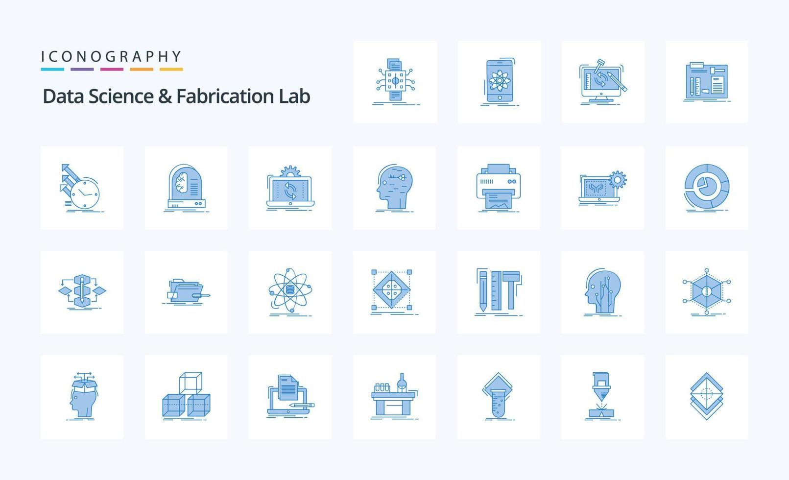 25 pack d'icônes bleues de laboratoire de science et de fabrication de données vecteur