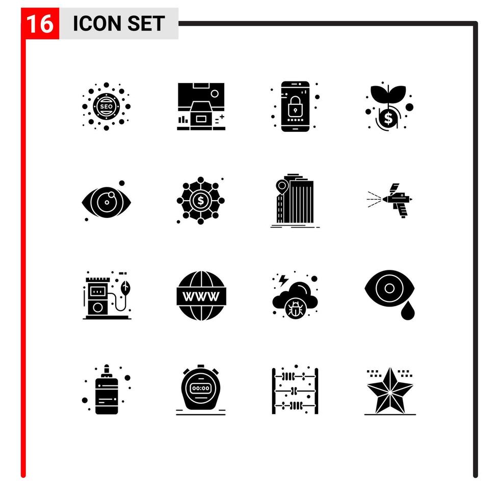 ensemble moderne de 16 pictogrammes de glyphes solides d'éléments de conception vectoriels modifiables de téléphone de croissance de salle d'investissement oculaire vecteur