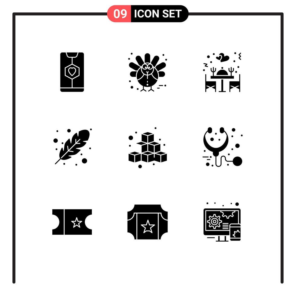 pack de 9 signes et symboles de glyphes solides modernes pour les supports d'impression Web tels que les cubes d'automne feuille de dinde table éléments de conception vectoriels modifiables vecteur