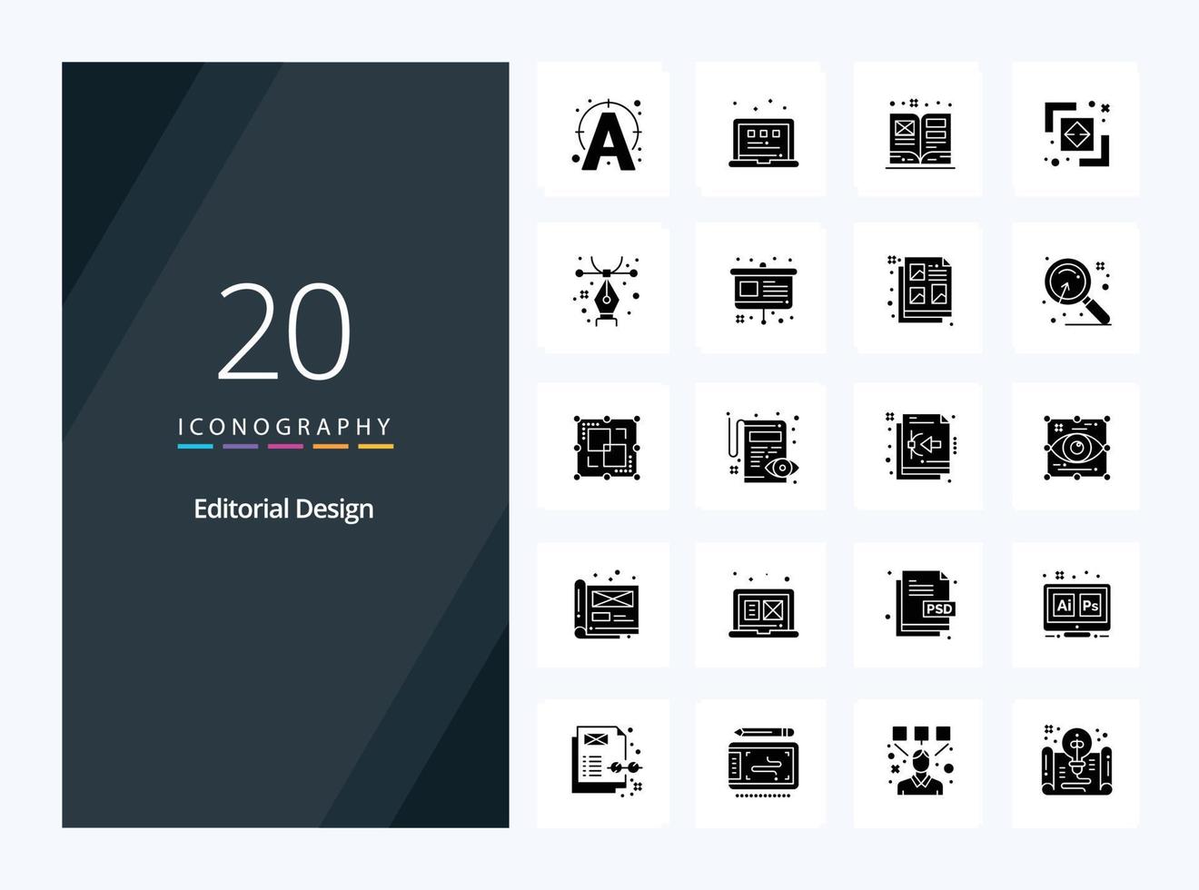 20 icône de glyphe solide de conception éditoriale pour la présentation vecteur