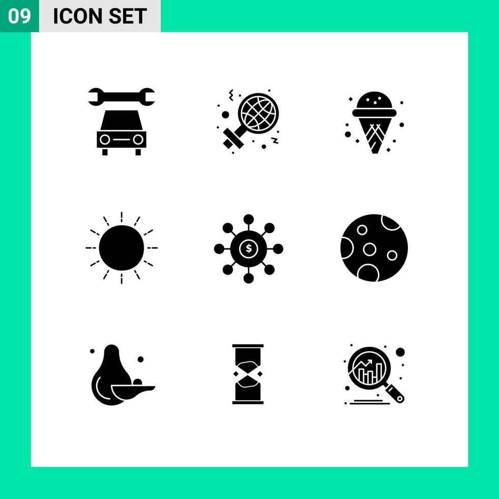 ensemble de 9 symboles d'icônes d'interface utilisateur modernes signes de connexion dollar glace été coucher de soleil éléments de conception vectoriels modifiables vecteur