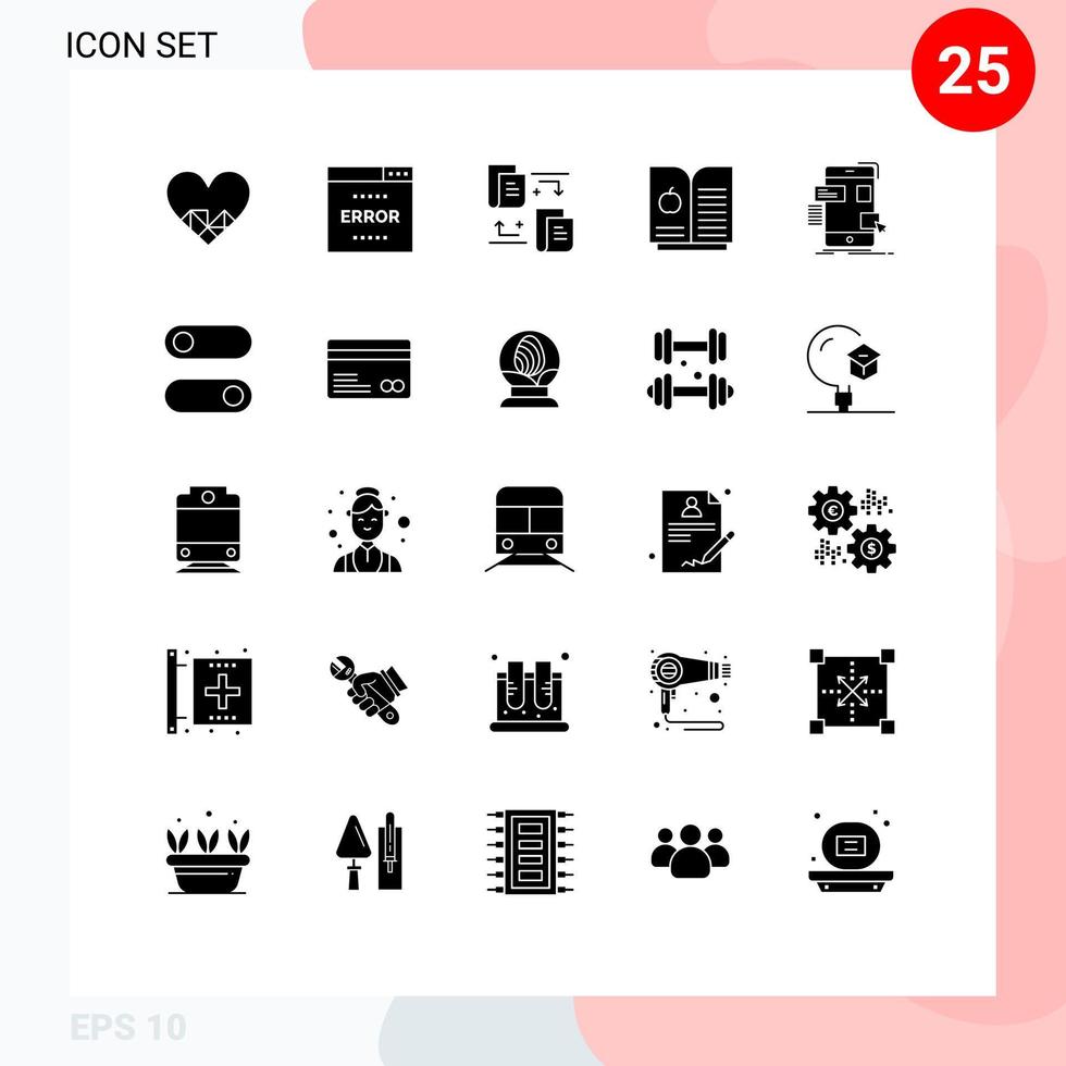 interface mobile glyphe solide ensemble de 25 pictogrammes d'interface utilisateur mobile recherche glisser livre apple éléments de conception vectoriels modifiables vecteur