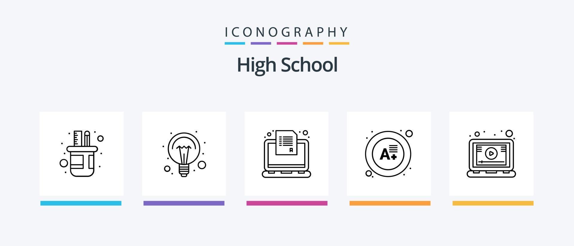 pack d'icônes de la ligne 5 du lycée, y compris la recherche. livre. leçon. carte d'étudiant. carte. conception d'icônes créatives vecteur