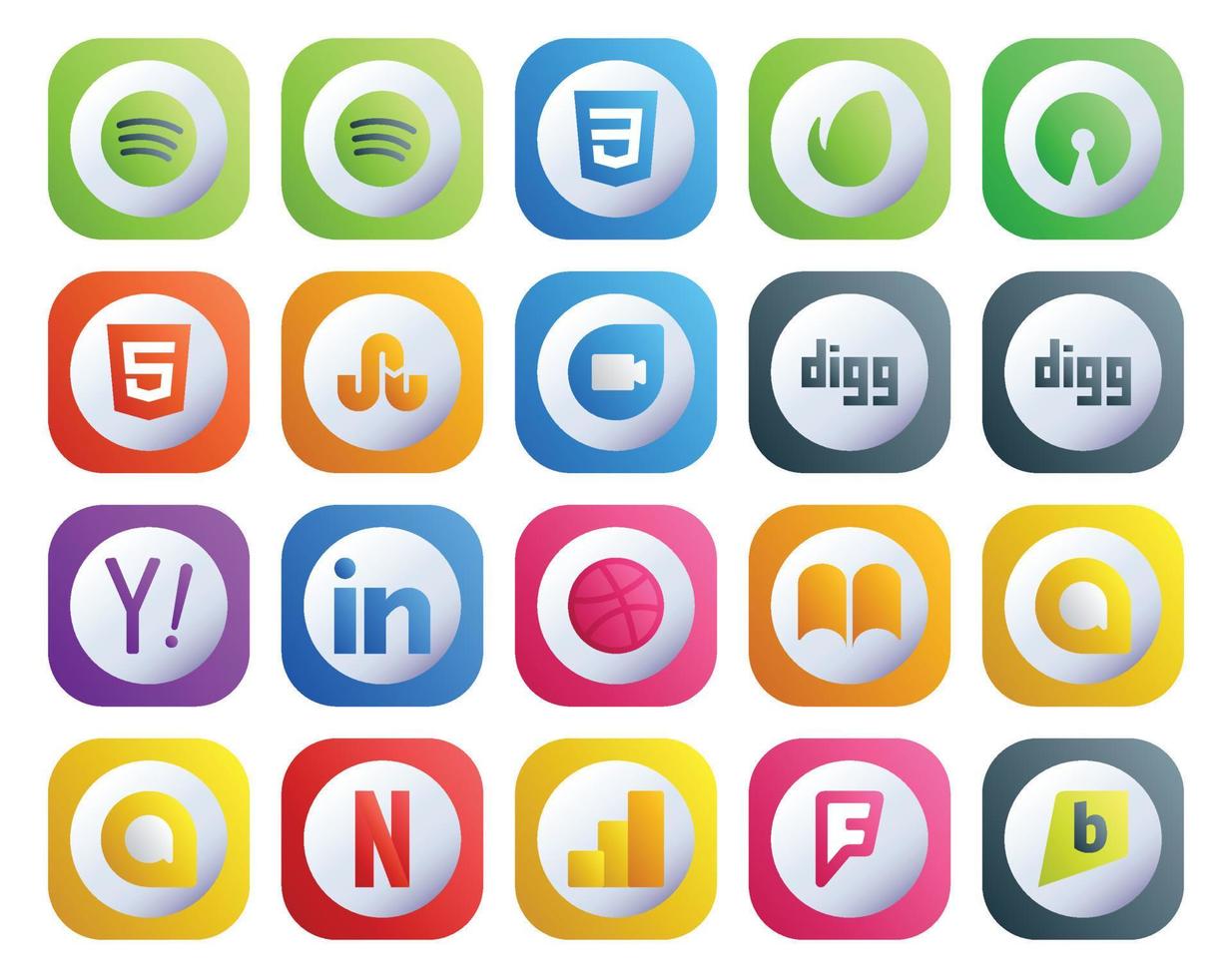 pack de 20 icônes de médias sociaux, y compris brightkite google analytics yahoo netflix ibooks vecteur