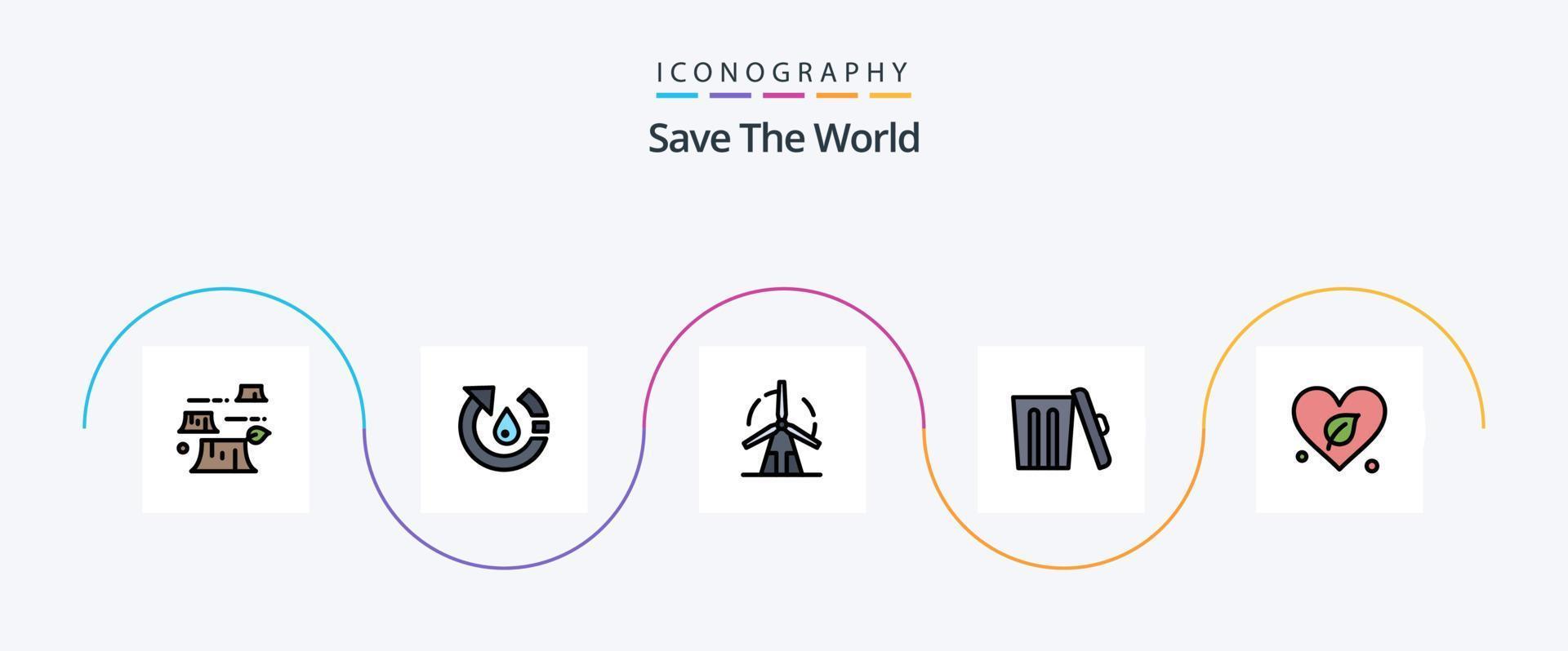 sauvez le pack d'icônes plat rempli de 5 lignes du monde, y compris la corbeille. environnement. recycler. écologie. pouvoir vecteur