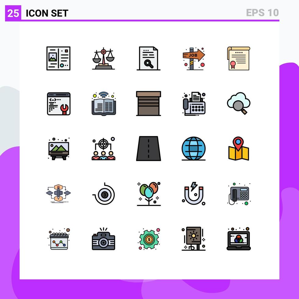 25 couleurs plates de ligne pleine universelle définies pour les applications Web et mobiles certificat direction du travail choix de contenu trouver des éléments de conception vectoriels modifiables vecteur