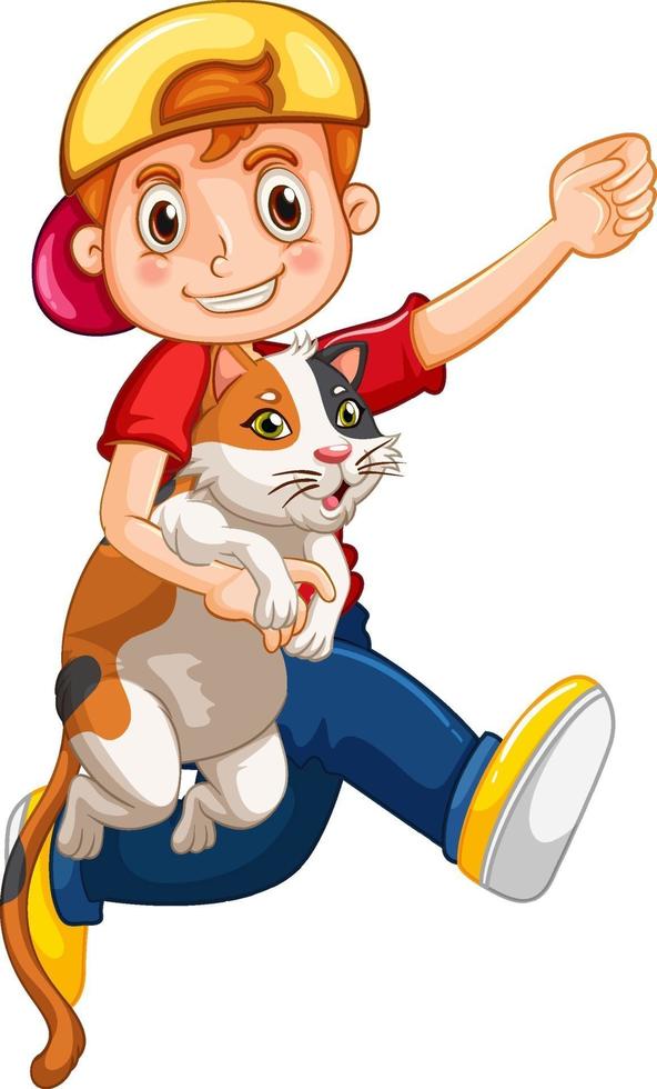 Un garçon tenant un personnage de dessin animé de chat mignon isolé sur fond blanc vecteur