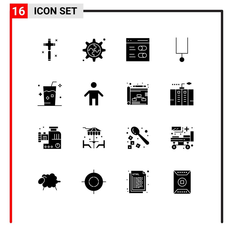 interface utilisateur pack de 16 glyphes solides de base de jus frais interface boisson musique éléments de conception vectoriels modifiables vecteur