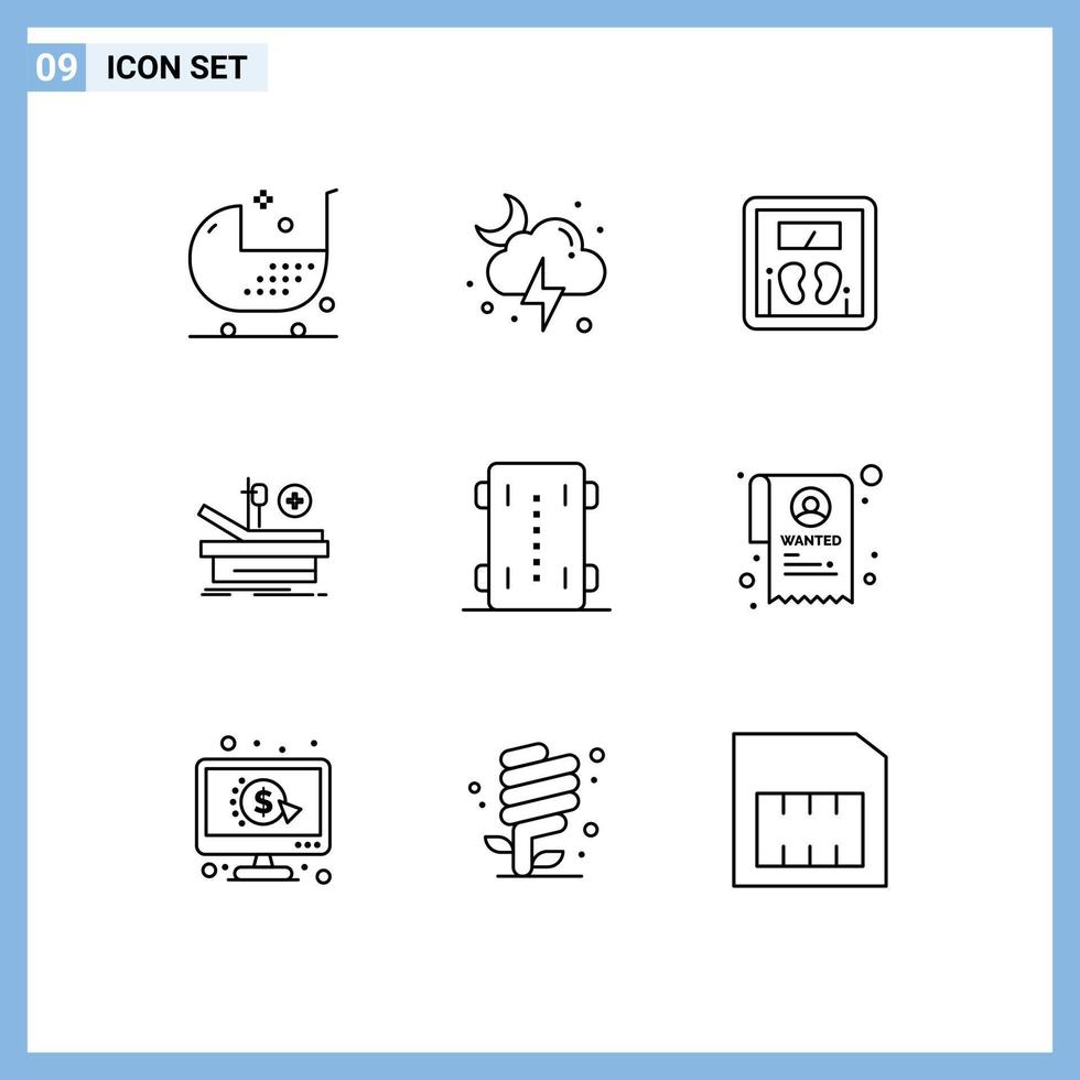ensemble moderne de 9 contours pictogramme d'éléments de conception vectoriels modifiables de machine de théâtre de tempête médicale skate vecteur