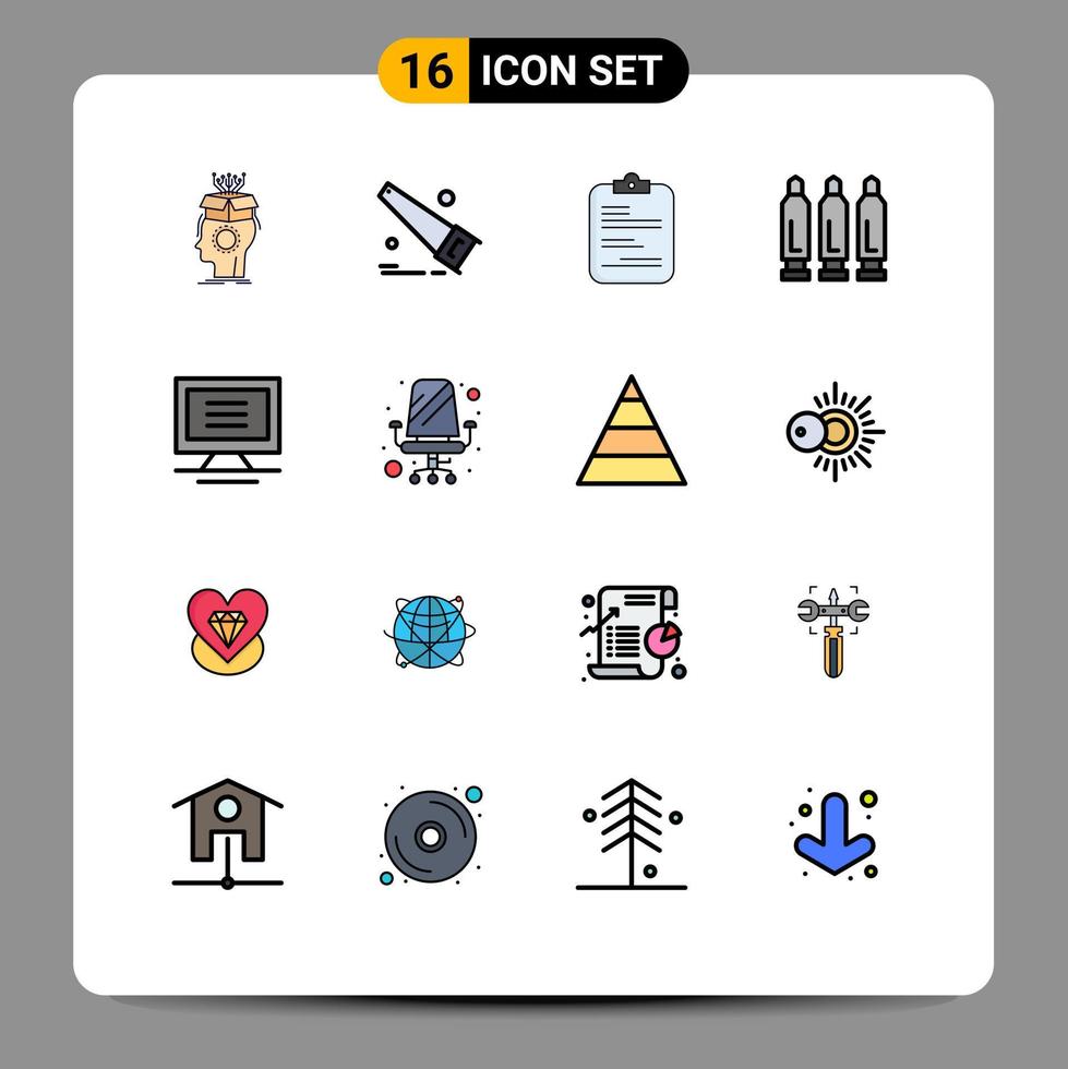 ensemble moderne de 16 lignes et symboles remplis de couleurs plates tels que le rapport de tournage du moniteur document de pistolet modifiable éléments de conception vectoriels créatifs vecteur