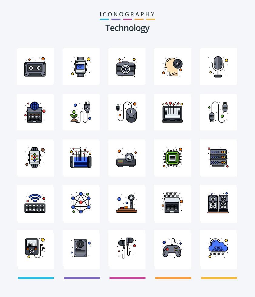 pack d'icônes rempli de 25 lignes de technologie créative, tel qu'un microphone. productivité. caméra. pensée. disque vecteur