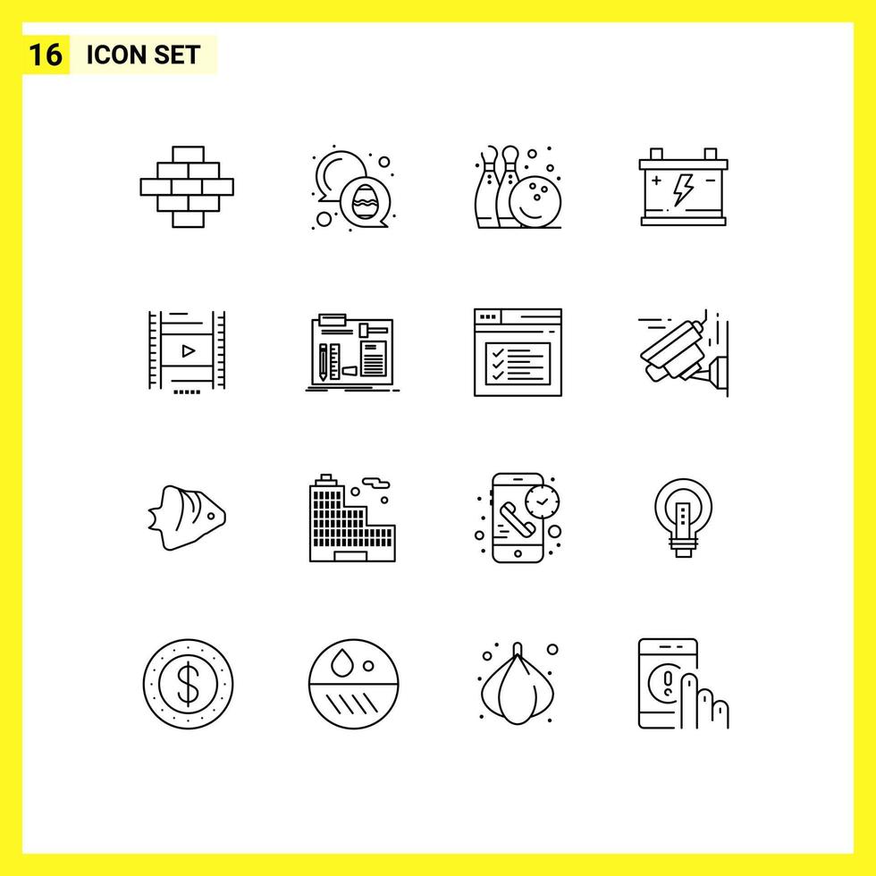 ensemble moderne de 16 contours et symboles tels que filam vedio fun batterie de voiture éléments de conception vectoriels modifiables vecteur
