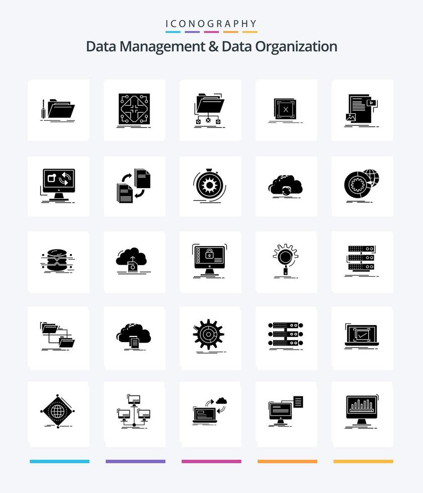 gestion des données créatives et organisation des données pack d'icônes noires solides de 25 glyphes tels que message. erreur. matrice. réseau. des dossiers vecteur