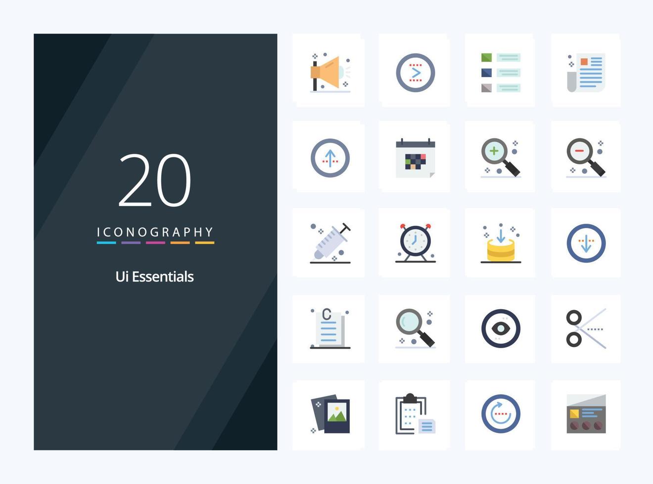 20 icônes de couleur plate essentielles de l'interface utilisateur pour la présentation vecteur