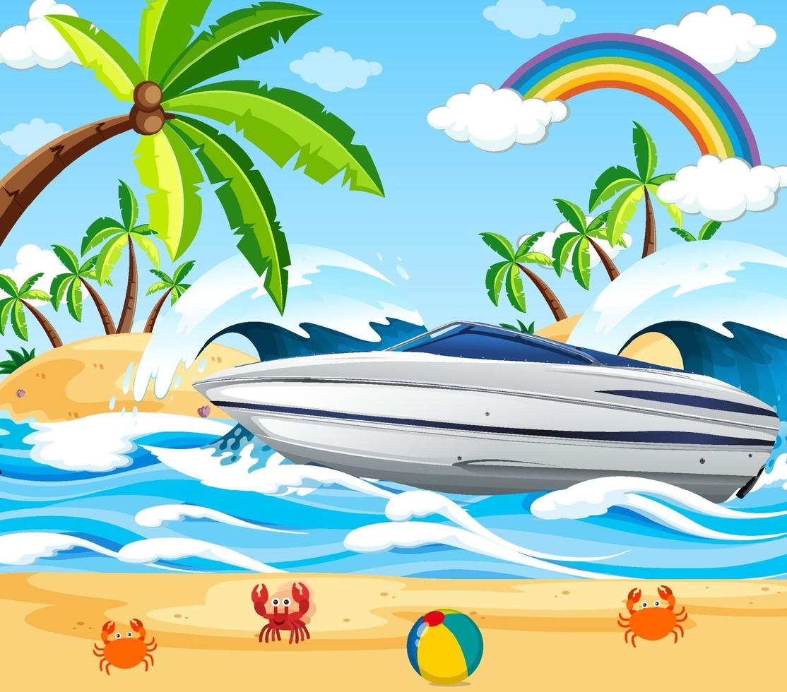 scène de plage avec un bateau rapide vecteur