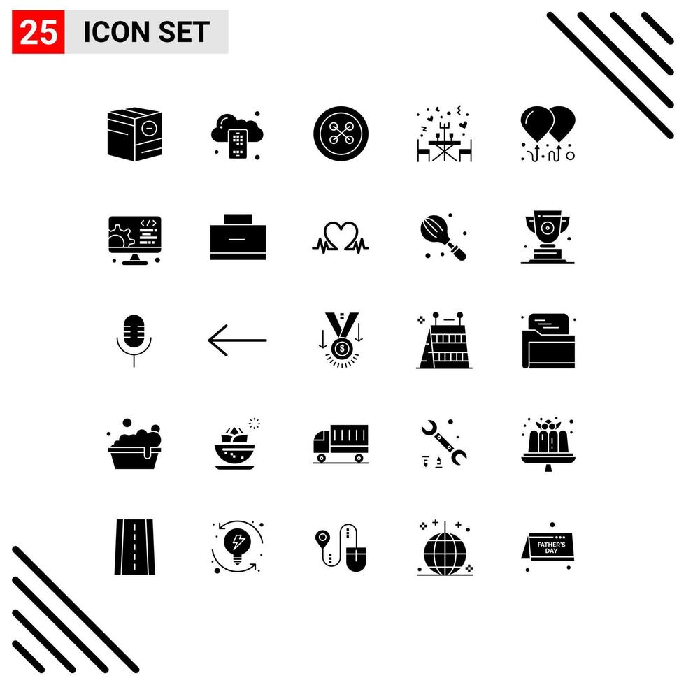 pack de 25 signes et symboles de glyphes solides modernes pour les supports d'impression Web tels que le ballon romantique serveur restaurant coudre des éléments de conception vectoriels modifiables vecteur