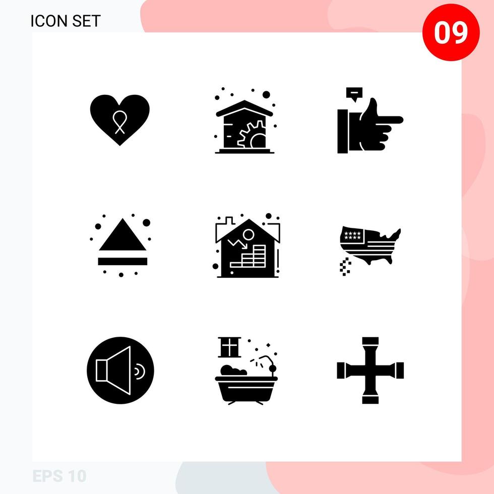 groupe de 9 signes et symboles de glyphes solides pour la propriété d'actifs comme les éléments de conception vectoriels modifiables multimédia immobilier vecteur