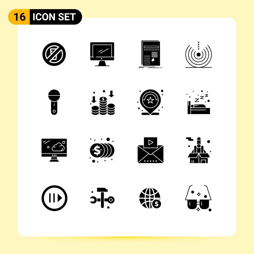 ensemble moderne de 16 pictogrammes de glyphes solides d'appareils de signal rapport d'air pc éléments de conception vectoriels modifiables vecteur