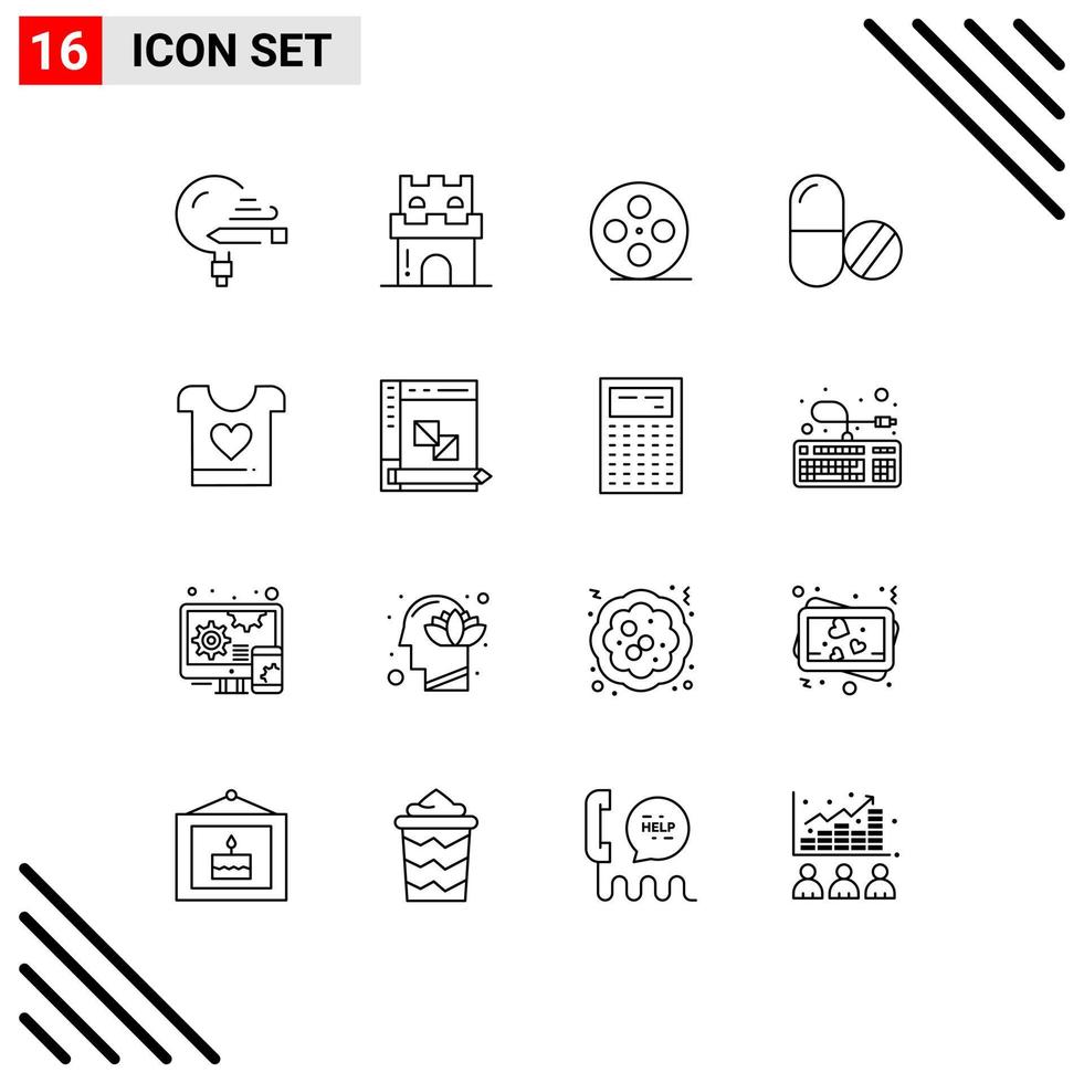 ensemble moderne de 16 contours pictogramme d'éléments de conception vectoriels modifiables de film de médicament de sable médical de tablette vecteur