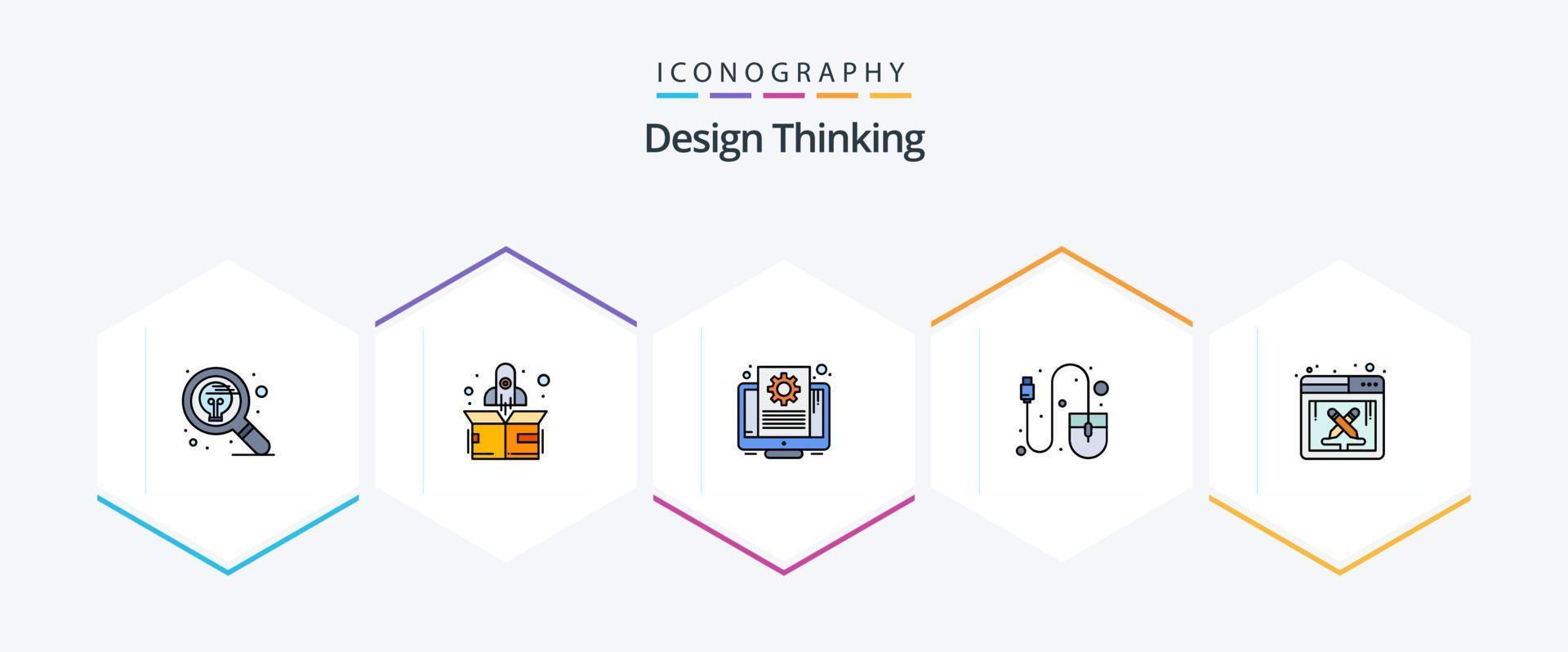 design thinking 25 pack d'icônes fillline comprenant le travail de conception. outil. document. souris. ordinateur vecteur