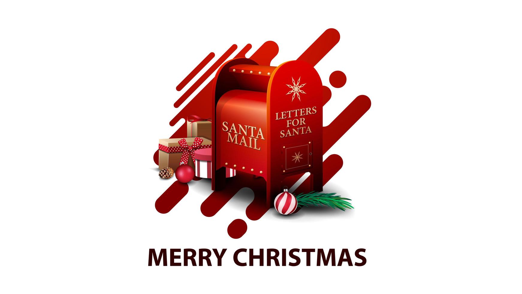 Joyeux Noël, carte postale moderne blanche avec des formes liquides abstraites rouges et boîte aux lettres du père Noël avec des cadeaux vecteur