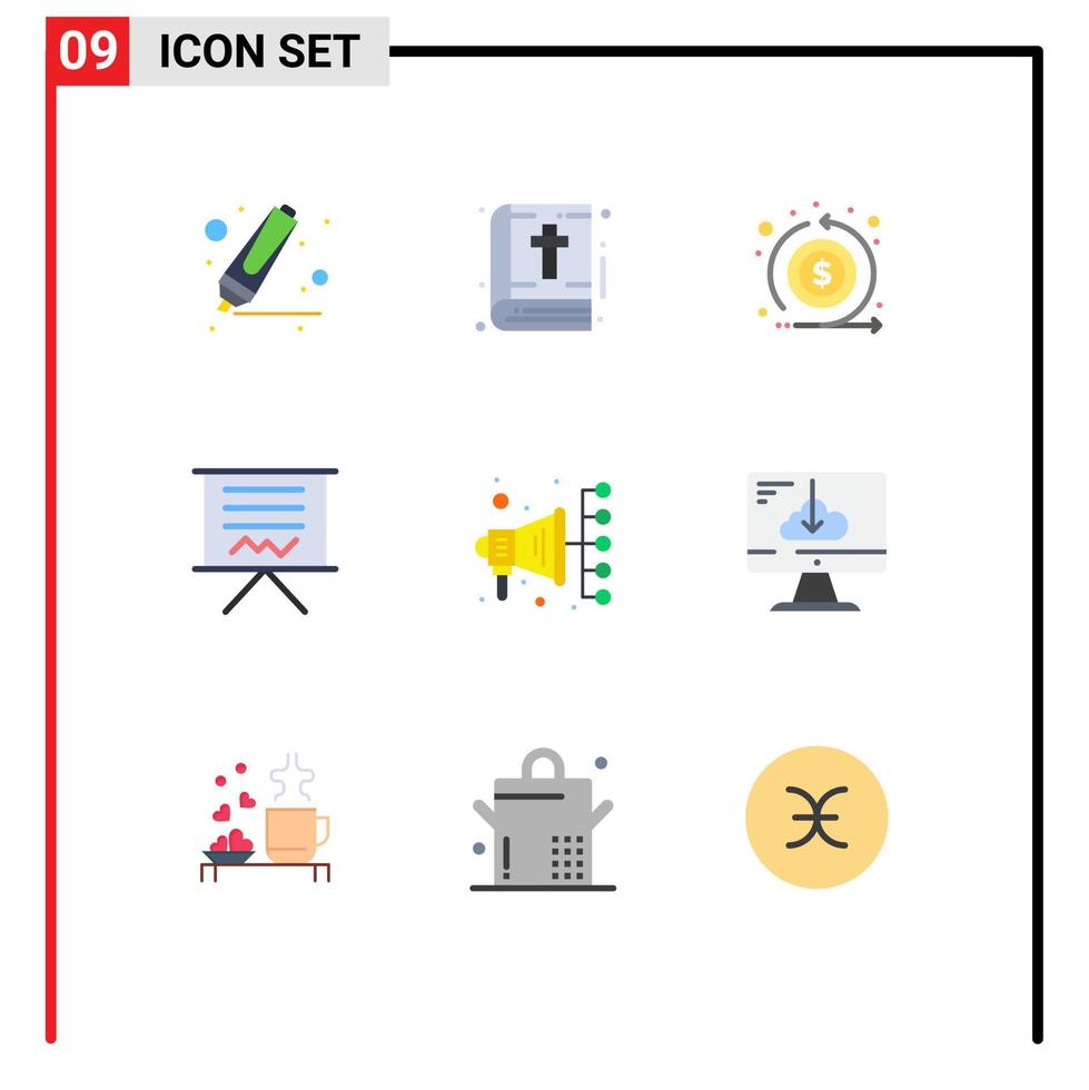 ensemble de pictogrammes de 9 couleurs plates simples d'éléments de conception vectoriels modifiables de la carte d'éducation de flux de présentation numérique vecteur