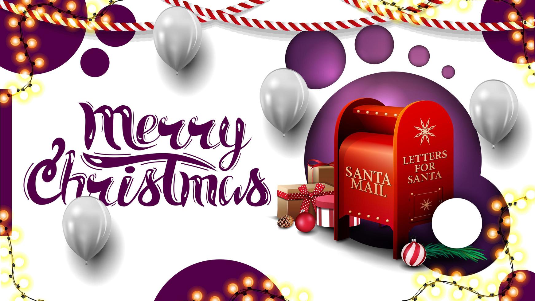Joyeux Noël, carte postale blanche avec un design moderne avec des cercles violets et une boîte aux lettres du père Noël avec des cadeaux vecteur