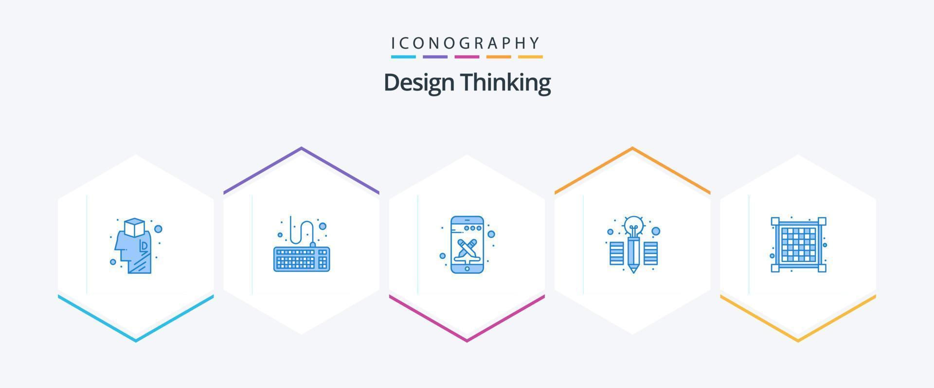design thinking 25 pack d'icônes bleues, y compris la vue. grille. conception. crayon. créatif vecteur