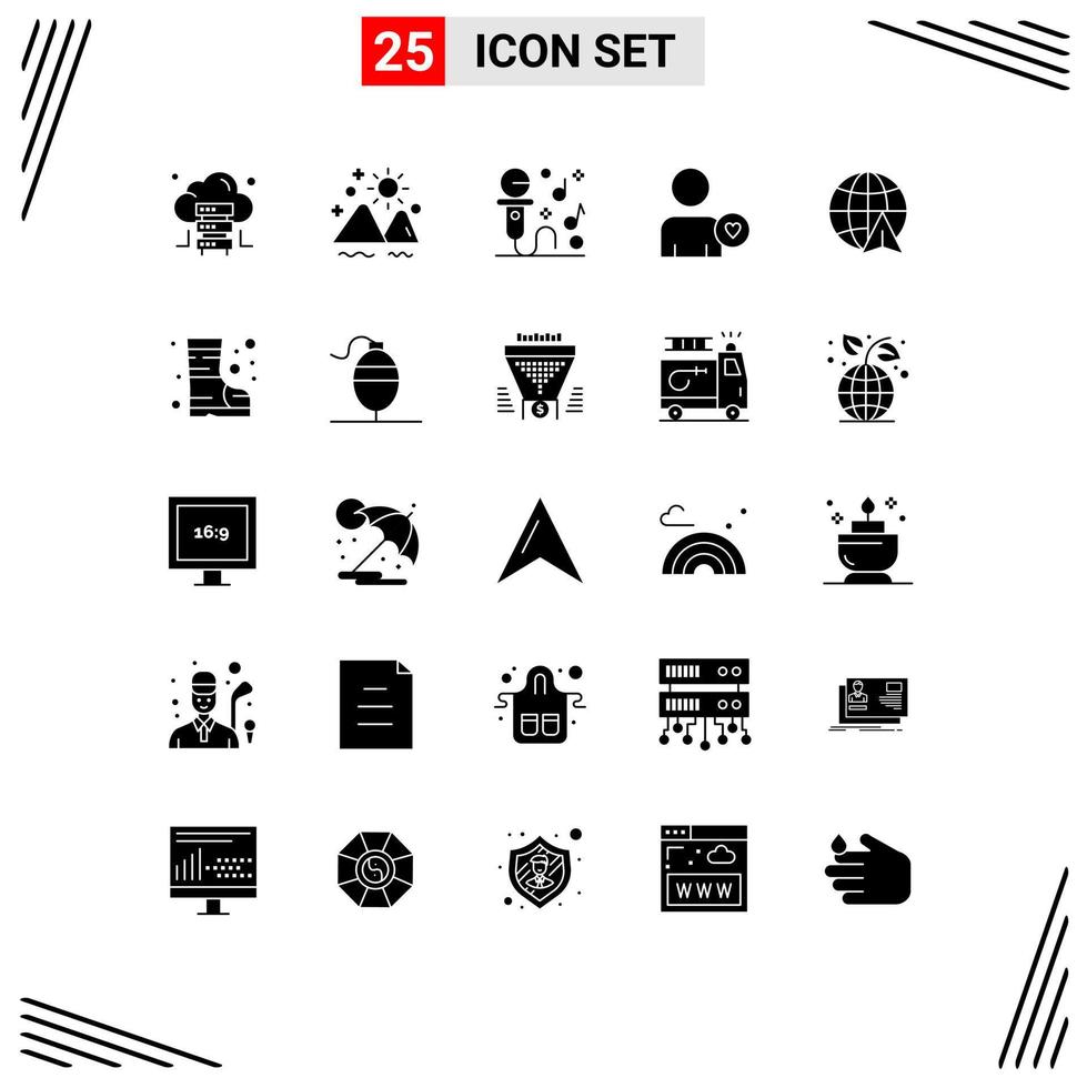 pack de 25 signes et symboles de glyphes solides modernes pour les supports d'impression Web tels que la flèche de voyage karaoké coeur homme éléments de conception vectoriels modifiables vecteur