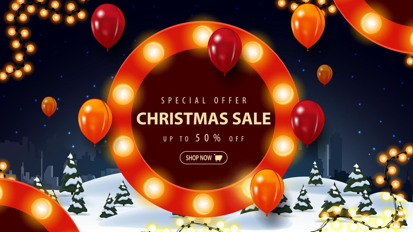 offre spéciale, vente de Noël, jusqu'à 50 rabais, bannière de réduction avec paysage de dessin animé d'hiver de nuit et panneau rond avec ampoules et ballons vecteur
