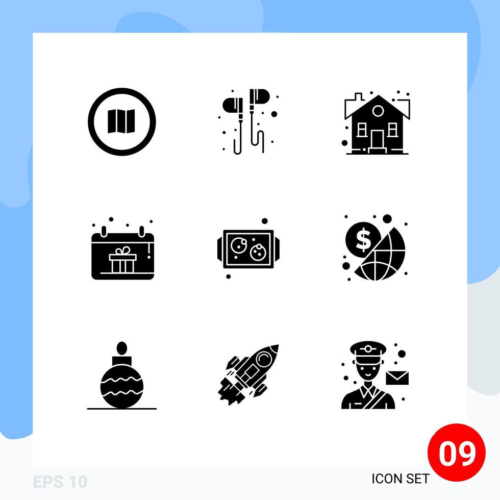 interface mobile glyphe solide ensemble de 9 pictogrammes d'éléments de conception vectoriels modifiables de maison de propriété de musique de calendrier à main vecteur