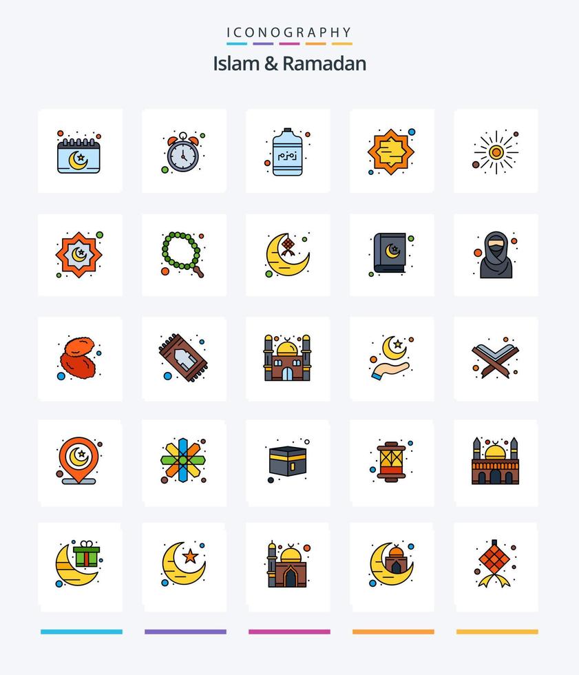 pack d'icônes remplies de 25 lignes d'islam créatif et de ramadan telles que la montée. musulman. bouteille. Islam. art vecteur