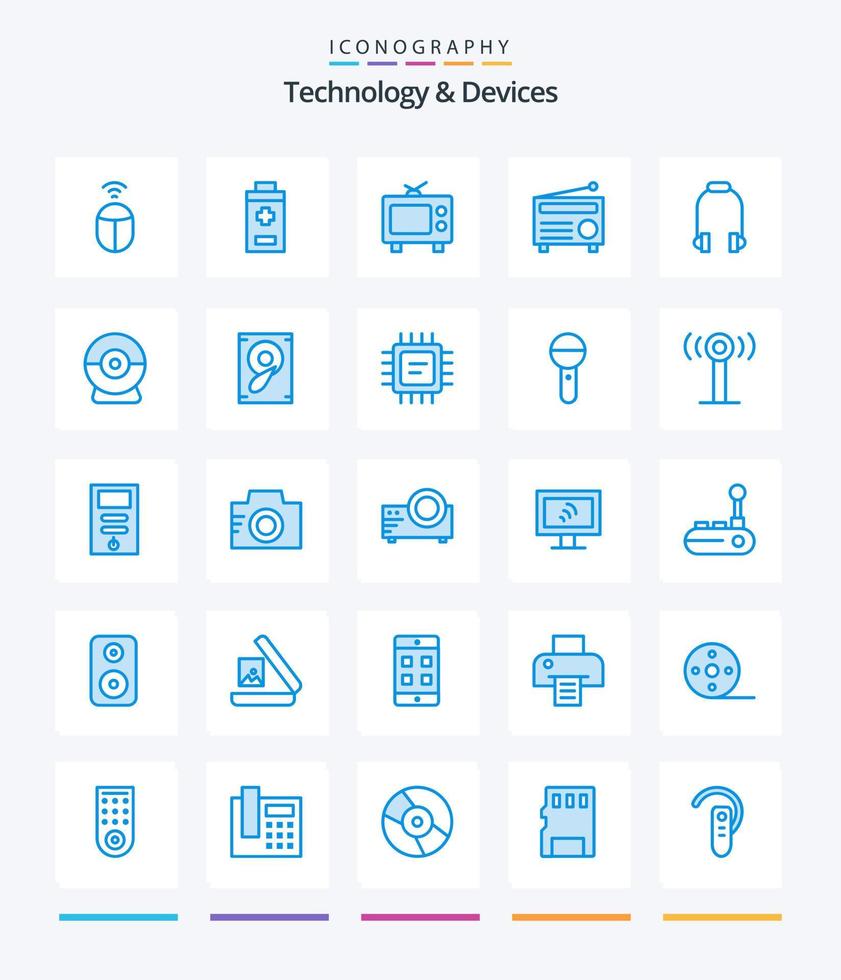 dispositifs créatifs 25 pack d'icônes bleues telles que l'appareil photo. téléphone. médias. écouteur. médias vecteur
