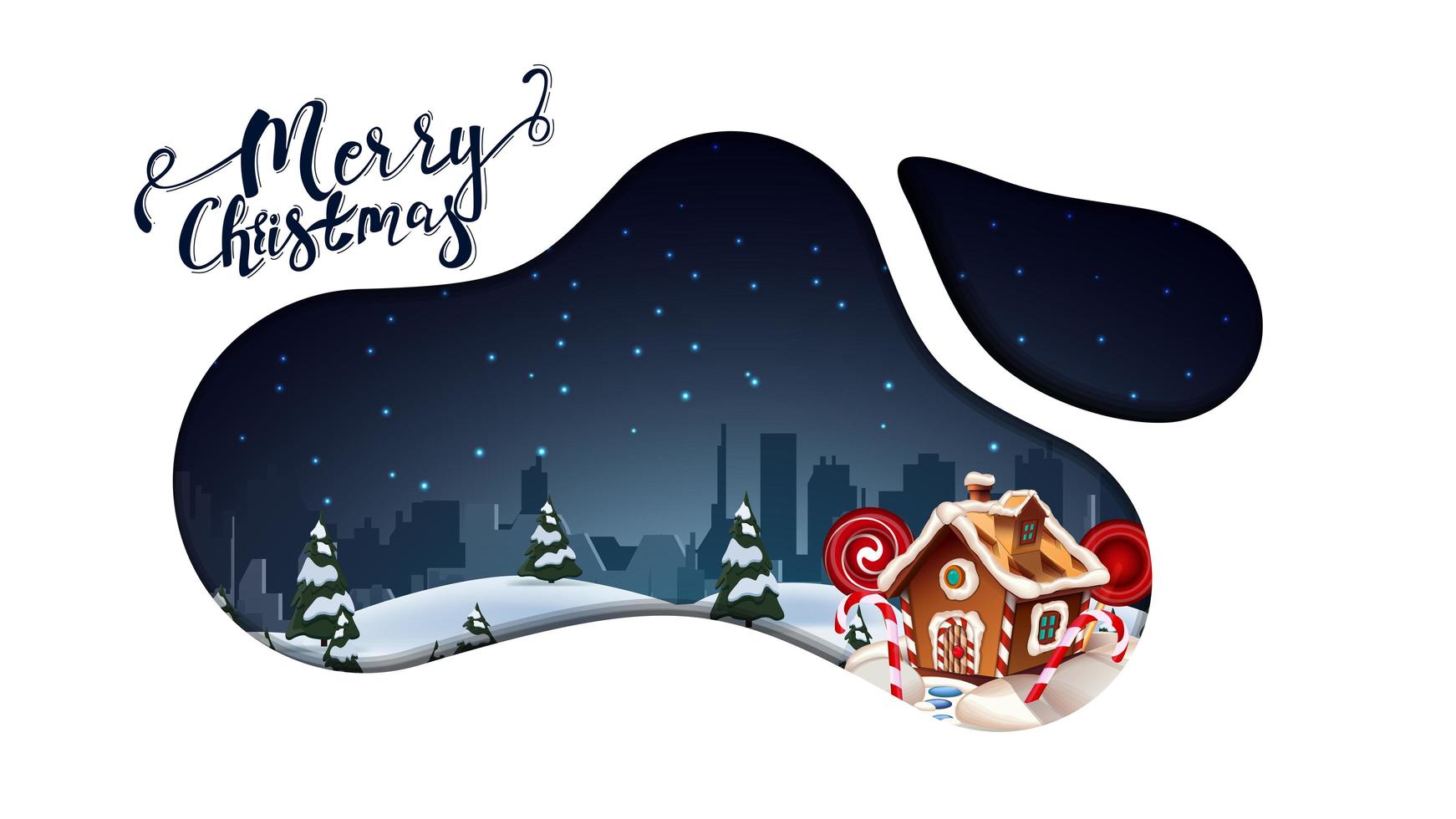 Joyeux Noël, carte postale moderne dans le style de lampe à lave avec beau paysage de dessin animé de nuit, ville silhouette et maison en pain d'épice de Noël isolé sur fond blanc vecteur