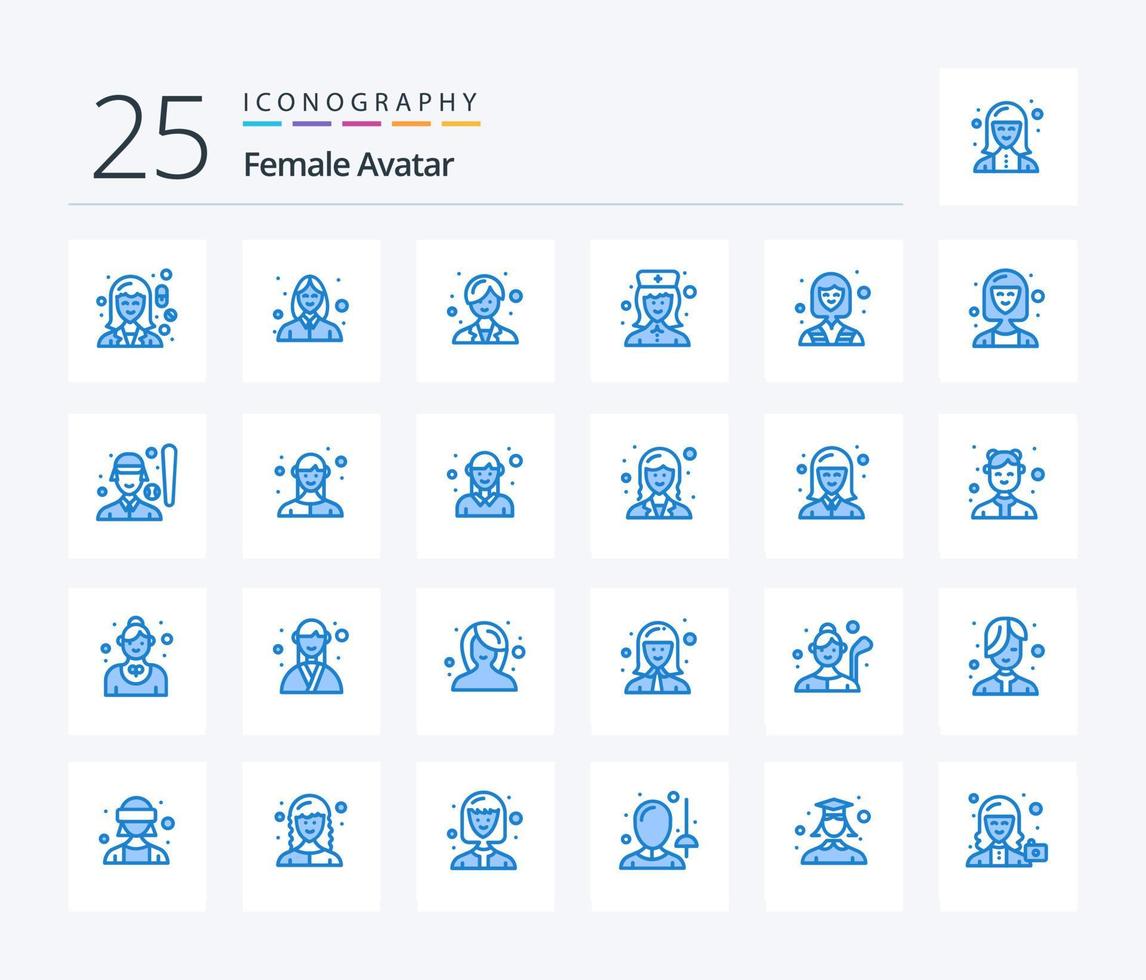 avatar féminin 25 pack d'icônes de couleur bleue, y compris l'industrie. infirmière. esthéticien. infirmière hospitalière. infirmière vecteur