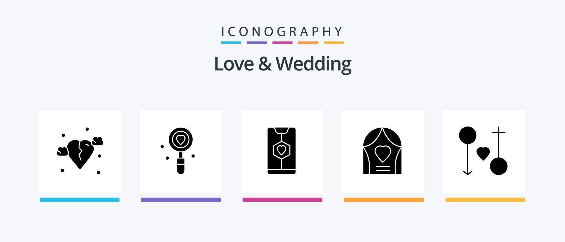 pack d'icônes de glyphe d'amour et de mariage 5, y compris l'amour. cambre. recherche. mariage. cœur. conception d'icônes créatives vecteur