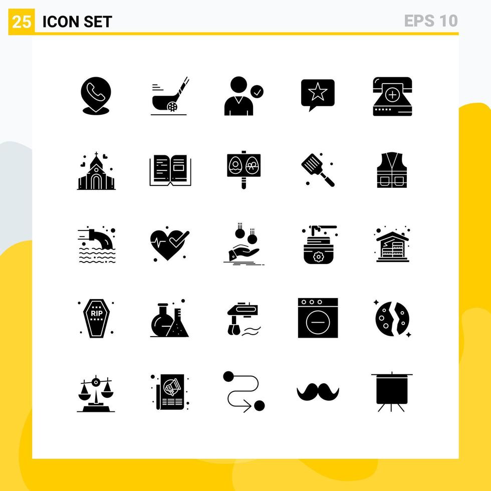 interface mobile glyphe solide ensemble de 25 pictogrammes d'éléments de conception vectoriels modifiables de chat de message de sport d'étoile de maladie vecteur