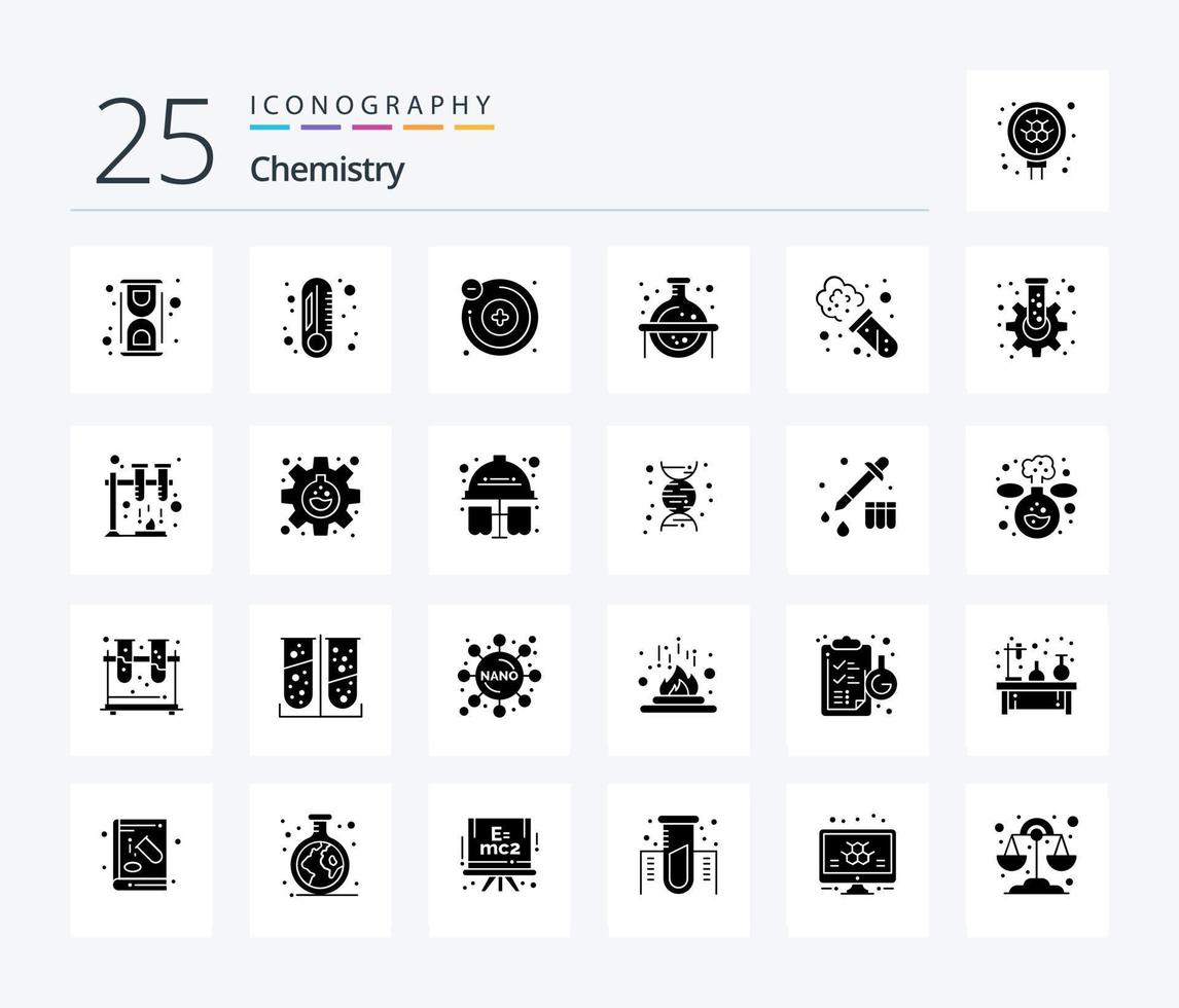 pack d'icônes de glyphes solides de chimie 25, y compris le laboratoire. chimie. atomes. étude. ballon vecteur