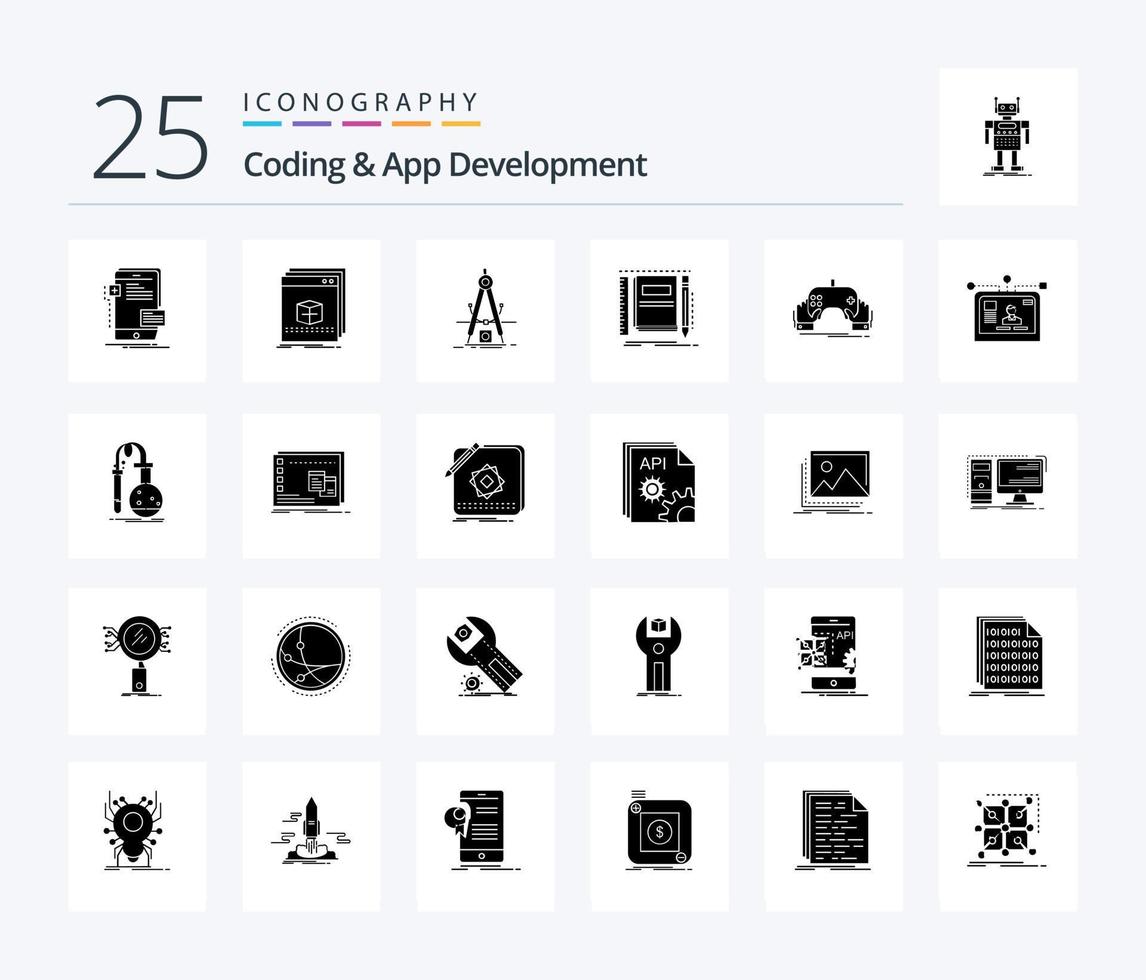 codage et développement d'applications pack de 25 icônes de glyphes solides, y compris le bloc-notes. livre. déposer. développement. produit vecteur