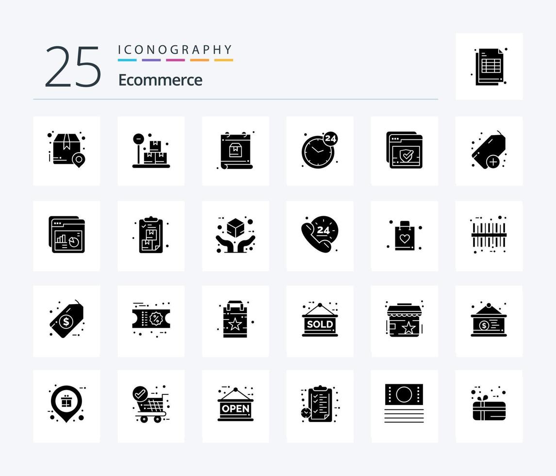 pack d'icônes de glyphe solide de commerce électronique 25, y compris le chèque. ouvrir. calendrier. heures. vecteur