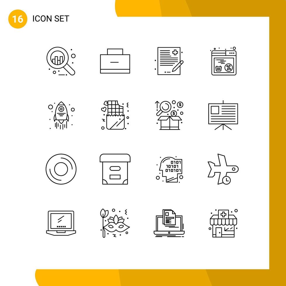 ensemble moderne de 16 contours pictogramme d'éléments de conception vectoriels modifiables en ligne de fichier de lancement de vaisseau spatial vecteur