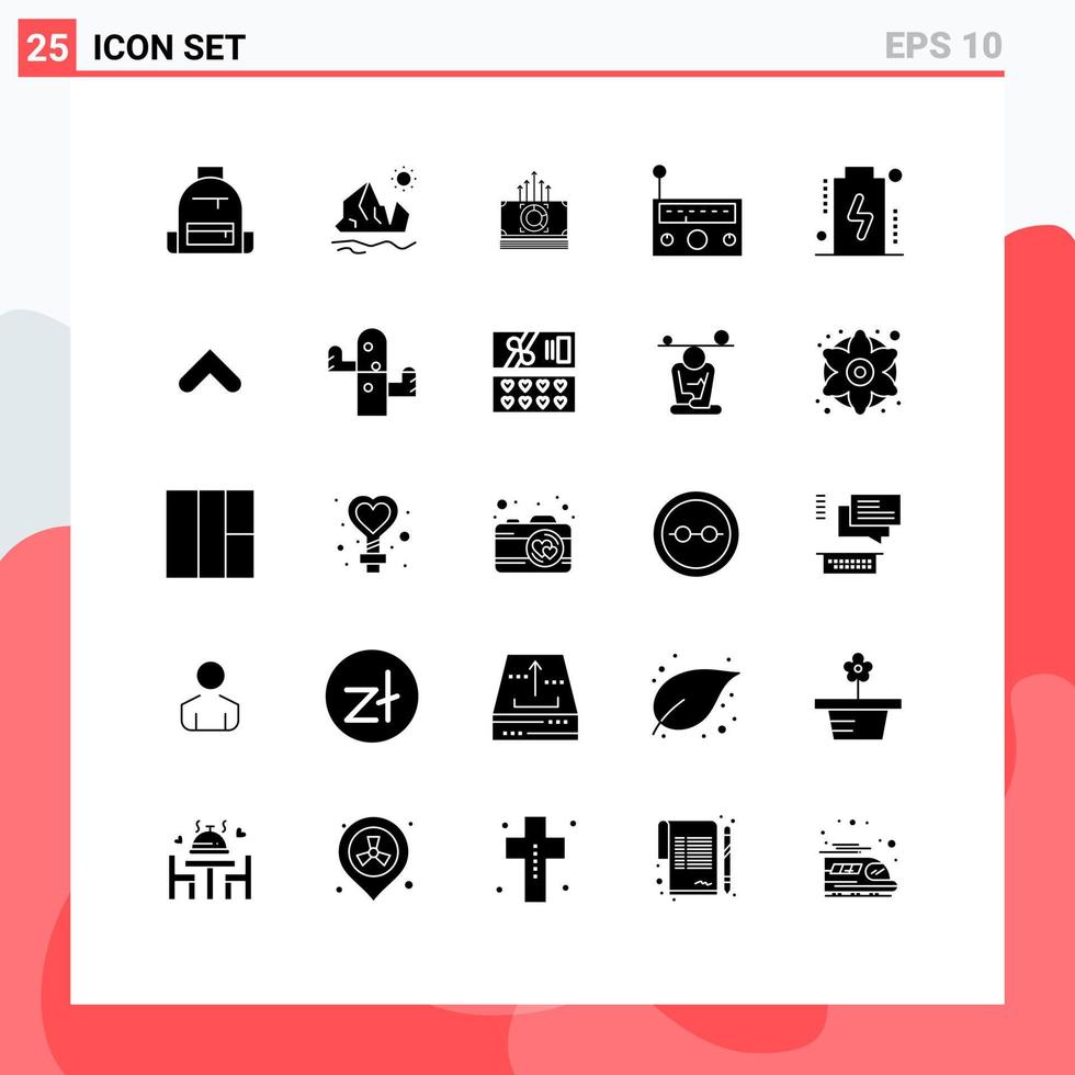 ensemble de 25 glyphes solides universels pour les applications web et mobiles équipement radio iceberg dispositif dollars éléments de conception vectoriels modifiables vecteur