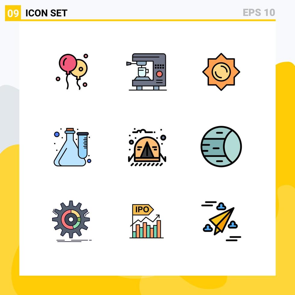 9 interface utilisateur filledline pack de couleurs plates de signes et symboles modernes d'éléments de conception vectoriels modifiables d'expérience de laboratoire de soleil de camp de voyage vecteur