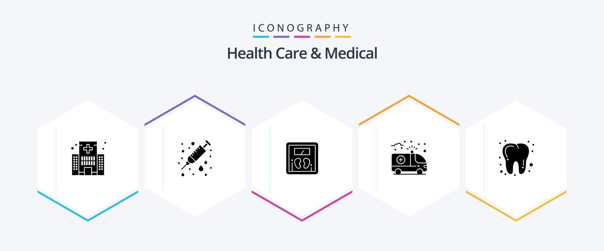 soins de santé et pack d'icônes médicales de 25 glyphes, y compris dentaire. santé. aiguille. se soucier. machine vecteur