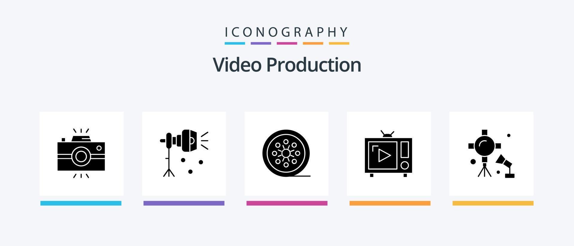 pack d'icônes de glyphe de production vidéo 5, y compris la télévision. télévision par antenne. projecteur. moulinet d'époque. bobine de film. conception d'icônes créatives vecteur