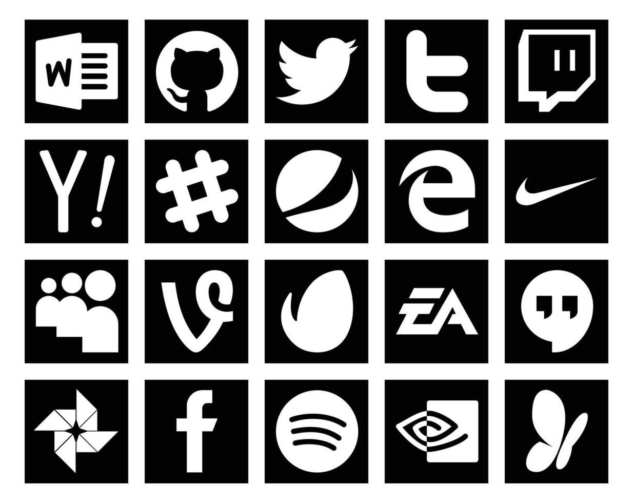 20 pack d'icônes de médias sociaux comprenant le chat des arts électroniques sportifs envato myspace vecteur